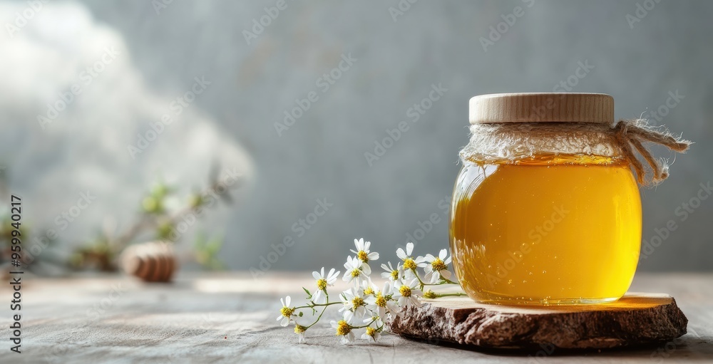 honey background. floral honey in a glass jar, light background with flowers. copy space honey background. floral honey in a glass jar, light background with flowers. copy space