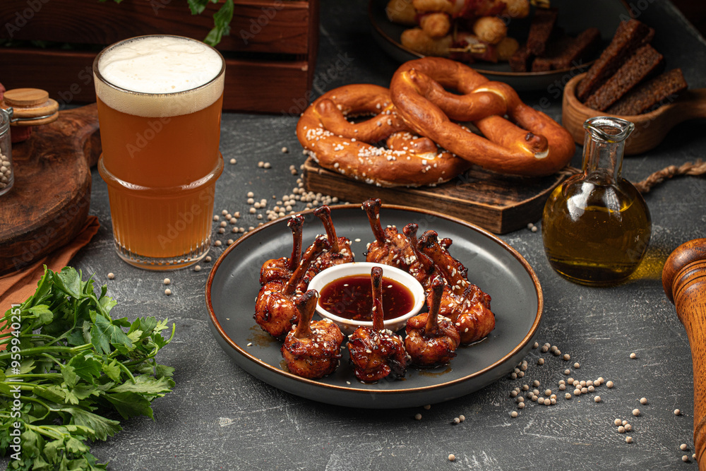 Chicken wings with soy sauce with beer and german pretzel Chicken wings with soy sauce with beer and german pretzel