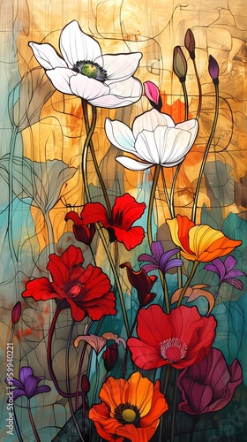 Blue and green flowers bouquet illustration poster background