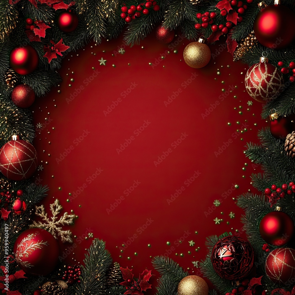 Festive holiday background featuring red ornaments and lush greenery, perfect for Christmas greetings and seasonal designs. Festive holiday background featuring red ornaments and lush greenery, perfect for Christmas greetings and seasonal designs.