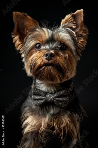 This adorable small dog, dressed in a fashionable bow tie, exudes charm as it poses confidently against a striking dark background, showcasing its delightful personality