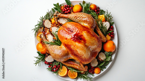 Baked turkey on a white platter for Thanksgiving.