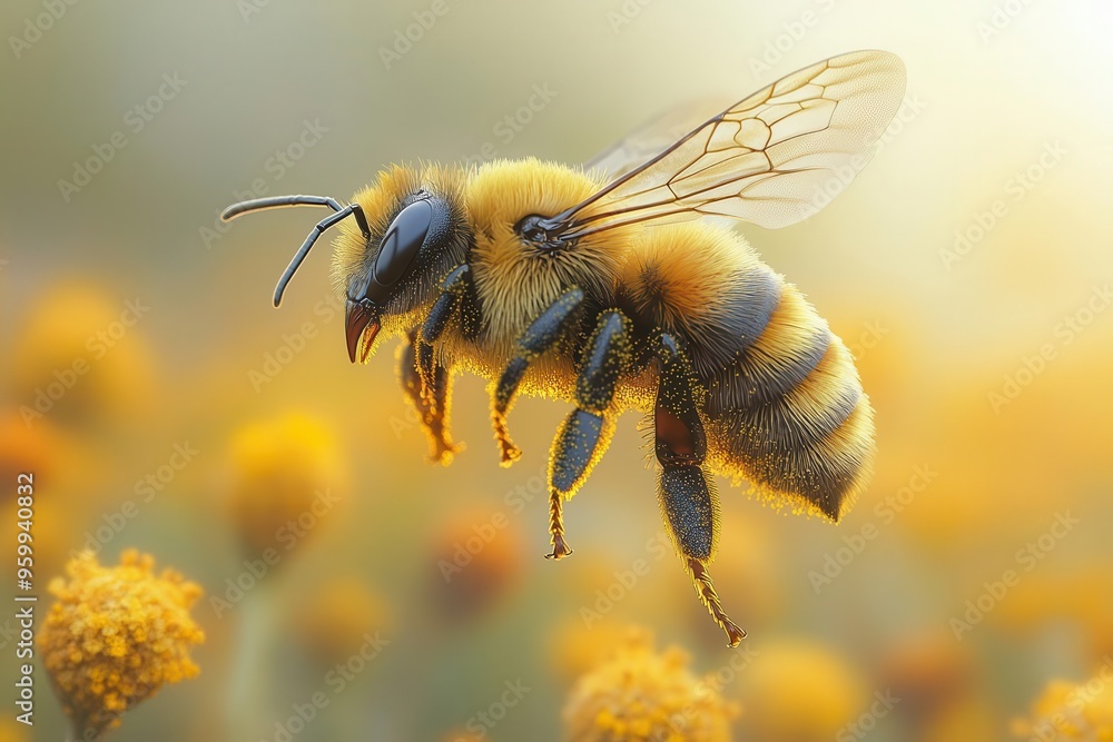 closeup of iridescent bee in flight wings a blur of motion pollendusted body gleaming in soft afternoon light closeup of iridescent bee in flight wings a blur of motion pollendusted body gleaming in soft afternoon light