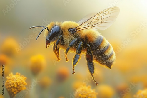 closeup of iridescent bee in flight wings a blur of motion pollendusted body gleaming in soft afternoon light photo