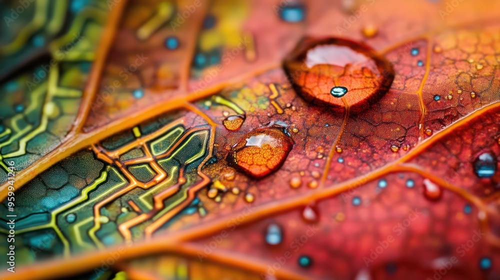 Fototapeta premium Water Drops on Autumn Leaf