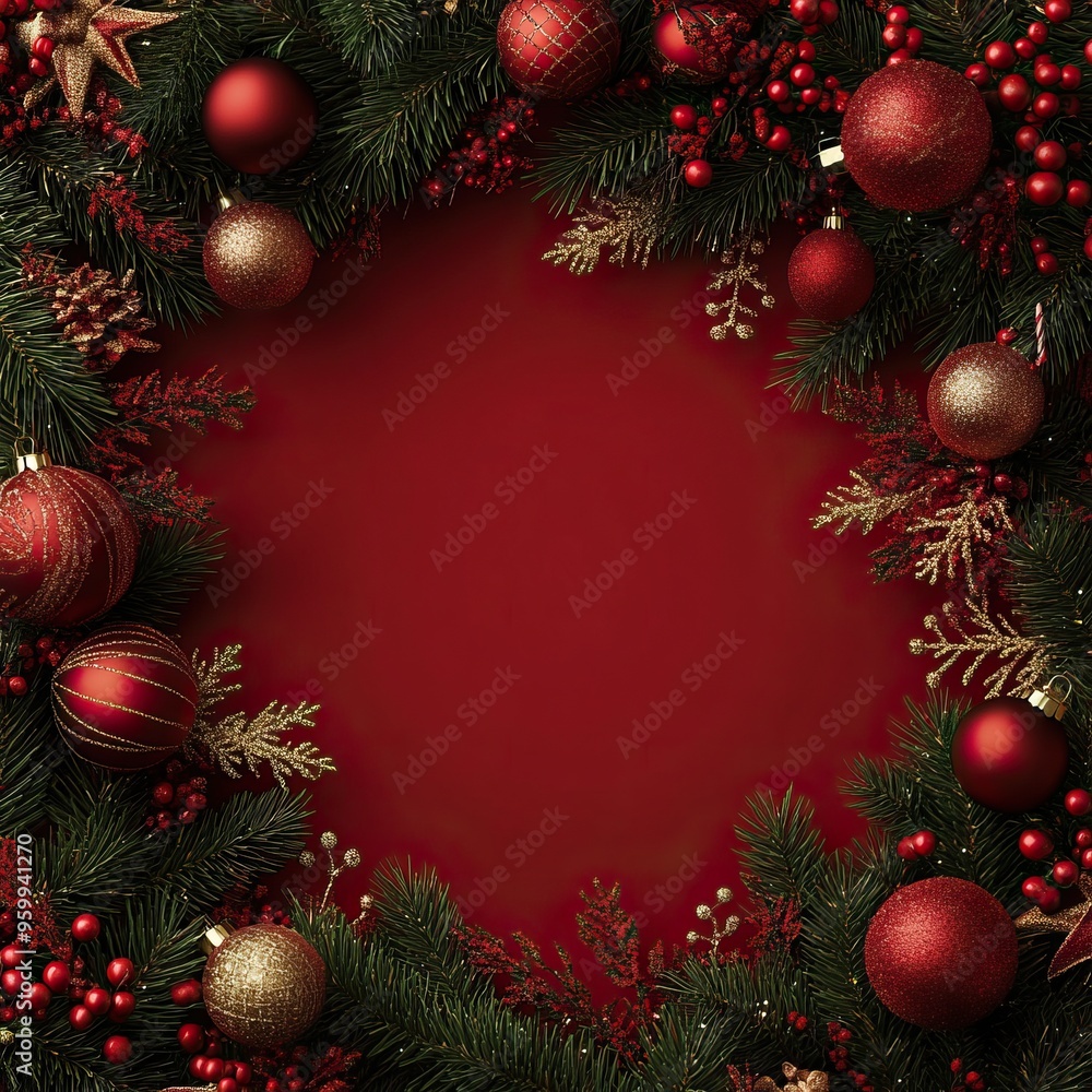 Elegant Christmas wreath with red ornaments and green foliage, perfect for holiday invitations, cards, and festive decorations. Elegant Christmas wreath with red ornaments and green foliage, perfect for holiday invitations, cards, and festive decorations.