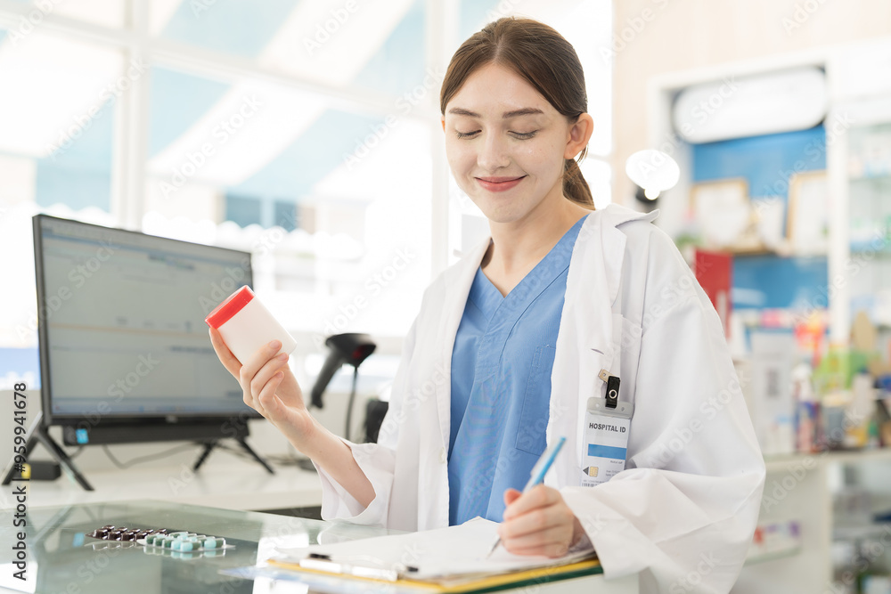 Pharmacist woman holding medicine jar in drugs shop pharmacy Pharmacist woman holding medicine jar in drugs shop pharmacy
