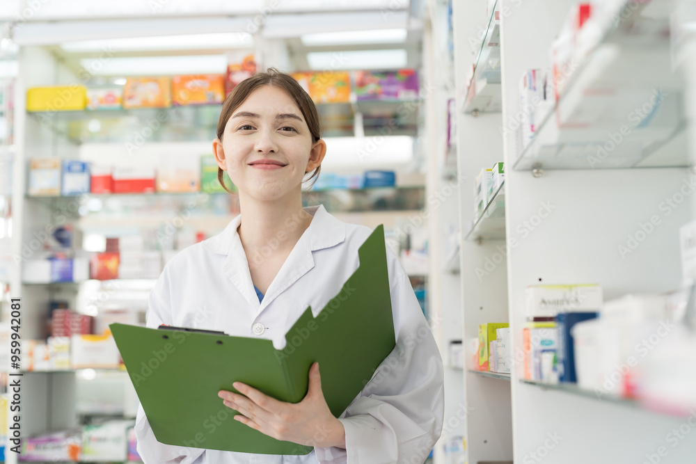 Pharmacist woman checking list of medicine in drugs shop pharmacy Pharmacist woman checking list of medicine in drugs shop pharmacy