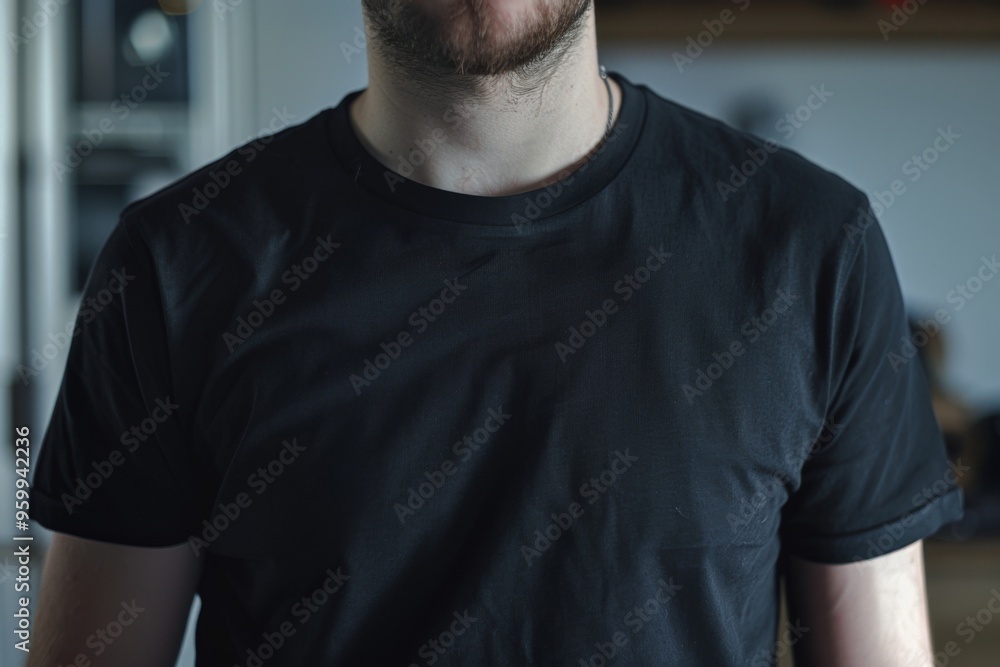 Close up black t shirt being worn by a young man Close up black t shirt being worn by a young man