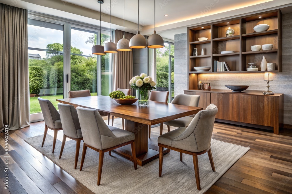 Sleek wooden table sets the tone for a modern dining room, complemented by stylish Gibbard chairs for a Sleek wooden table sets the tone for a modern dining room, complemented by stylish Gibbard chairs for a