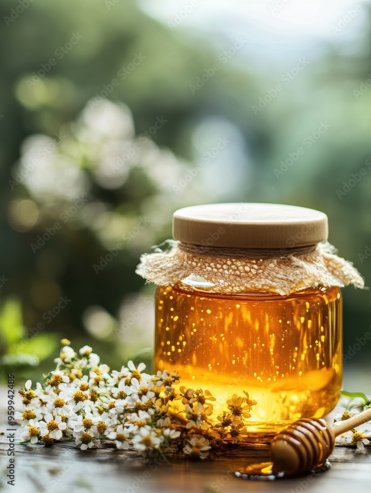 honey background. floral honey in a glass jar, light background with flowers. copy space honey background. floral honey in a glass jar, light background with flowers. copy space