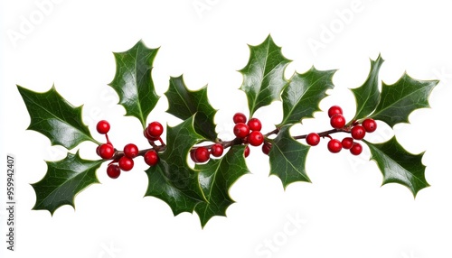 Classic Christmas holly branch with glossy leaves and rich red berries, isolated on a white background, perfect for seasonal themes