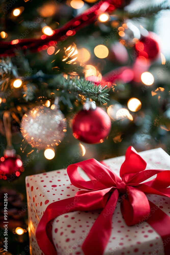 A close-up of a beautifully wrapped Christmas present with a big red bow, placed under a decorated tree with twinkling lights and shiny ornaments. A close-up of a beautifully wrapped Christmas present with a big red bow, placed under a decorated tree with twinkling lights and shiny ornaments.