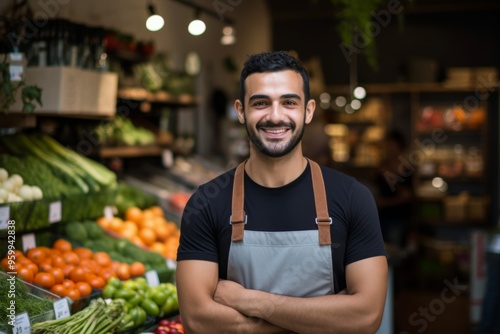 Smiling young man working in a healthy food store