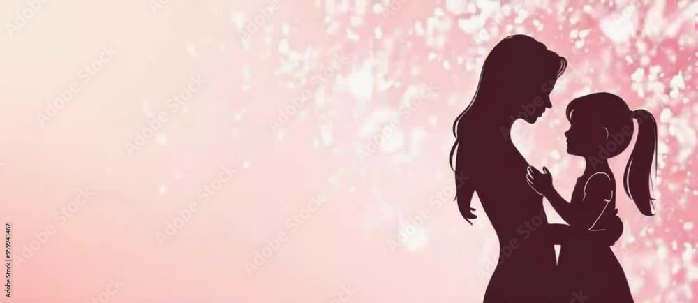 silhouette of a mom and daughter who will hug on a soft pastel pink background with particle animation and copy space area silhouette of a mom and daughter who will hug on a soft pastel pink background with particle animation and copy space area