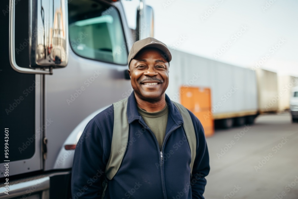 Smiling portrait of a middle aged male truck driver in front of truck Smiling portrait of a middle aged male truck driver in front of truck