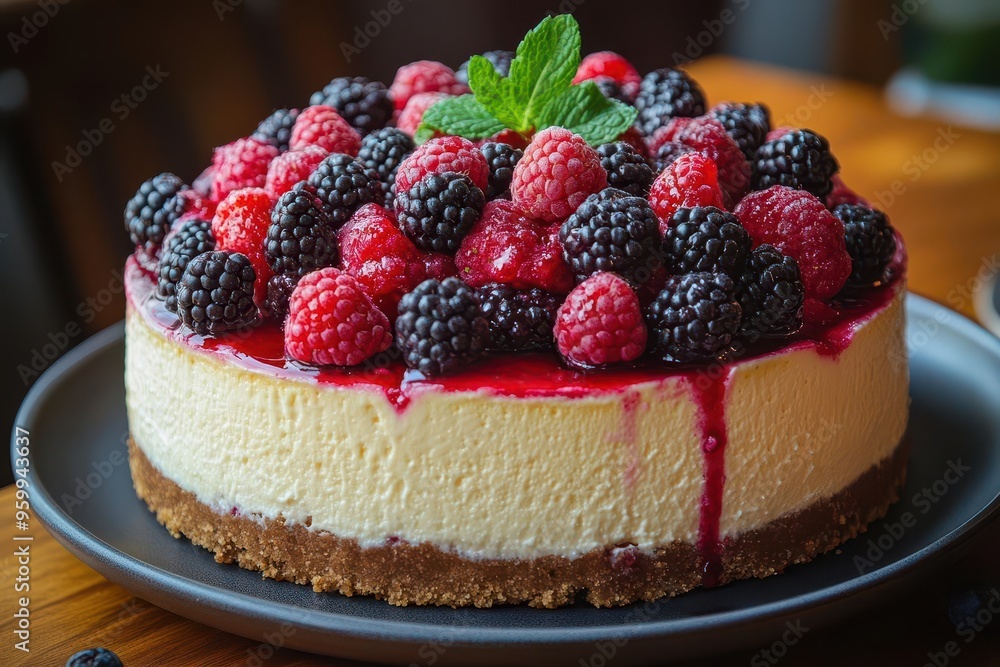 decadent cheesecake adorned with a vibrant medley of fresh berries rich creamy texture contrasts with the juicy fruits creating a mouthwatering dessert presentation decadent cheesecake adorned with a vibrant medley of fresh berries rich creamy texture contrasts with the juicy fruits creating a mouthwatering dessert presentation