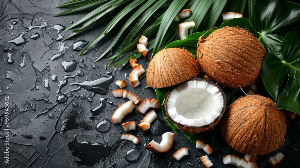 Broken pieces of coconut and palm leaves on a black background. Food background, flat lay. Broken pieces of coconut and palm leaves on a black background. Food background, flat lay.