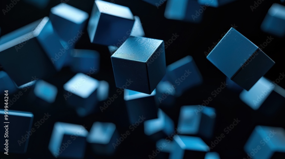 Collection of blue cubes in various sizes and orientations, creating a sense of depth and motion Collection of blue cubes in various sizes and orientations, creating a sense of depth and motion