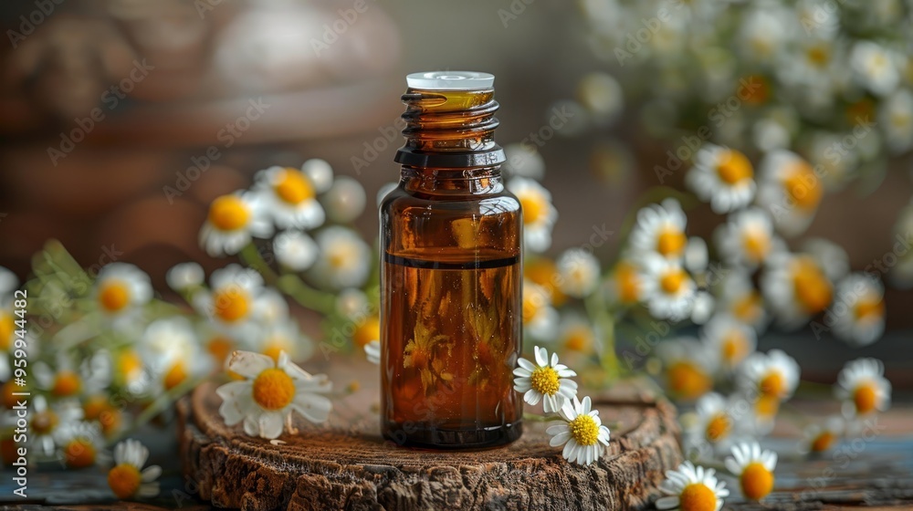 Chamomilla essential oil in the amber bottle, with fresh flowers, on the old wooden board Chamomilla essential oil in the amber bottle, with fresh flowers, on the old wooden board