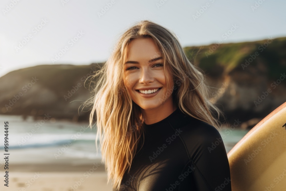 Portrait of a young Caucasian female surfer on the beach Portrait of a young Caucasian female surfer on the beach
