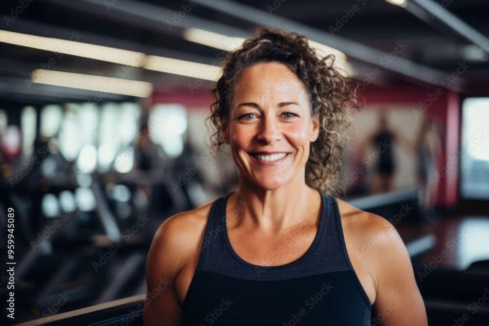 Smiling portrait of a middle aged slightly overweight woman in gym Smiling portrait of a middle aged slightly overweight woman in gym