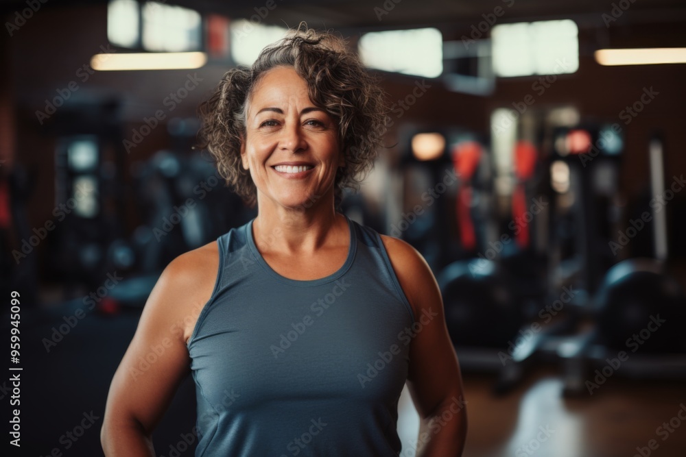 Smiling portrait of a middle aged slightly overweight woman in gym Smiling portrait of a middle aged slightly overweight woman in gym