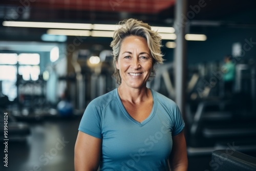 Smiling portrait of a middle aged slightly overweight woman in gym