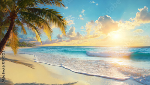 A scenic view of a tropical beach at sunset, with palm trees, golden sand, blue water, and a bright sky.