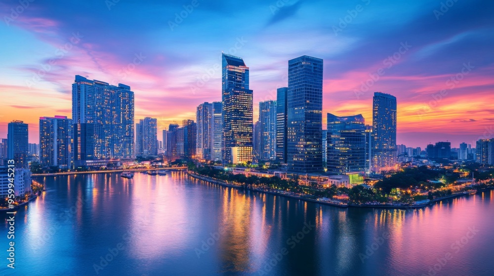 A skyline view of modern skyscrapers in a bustling city center at dusk, with the buildings reflecting the colorful sunset. A skyline view of modern skyscrapers in a bustling city center at dusk, with the buildings reflecting the colorful sunset.