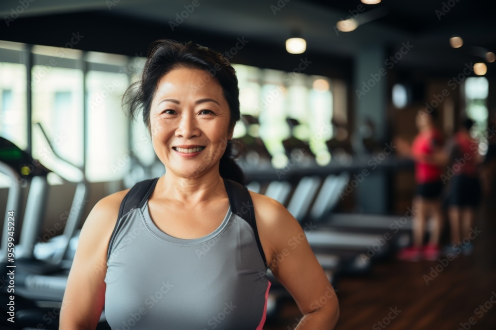 Smiling portrait of a middle aged slightly overweight woman in gym Smiling portrait of a middle aged slightly overweight woman in gym