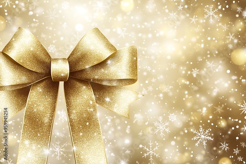 A golden ribbon with a bow on the right side of the background, golden and white snowflakes, shiny lights in the background