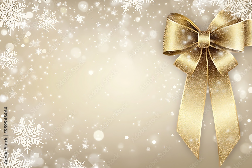 A golden ribbon with a bow on the right side of the background, golden and white snowflakes, shiny lights in the background A golden ribbon with a bow on the right side of the background, golden and white snowflakes, shiny lights in the background