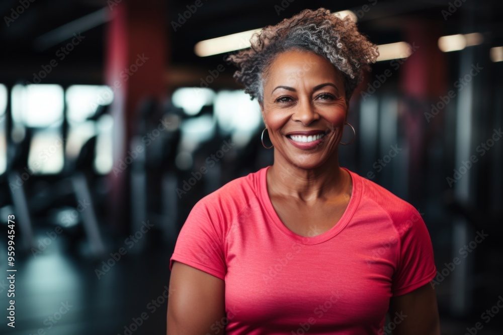 Fototapeta premium Smiling portrait of a middle aged slightly overweight woman in gym