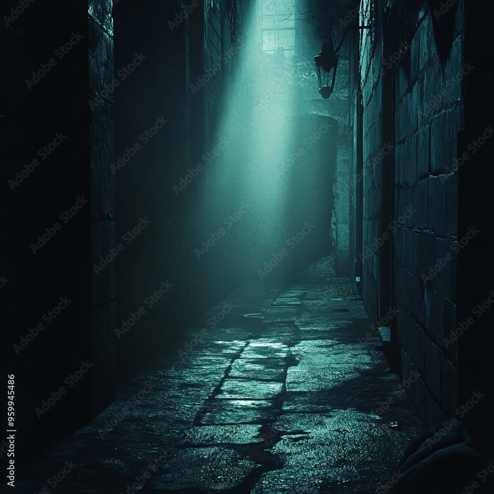 Obraz premium Mysterious grim dark dungeon alley with shadowy ambiance, stone walls, and eerie atmosphere, perfect for fantasy backgrounds, new beautiful stock image illustration AI