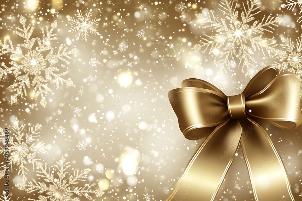 A golden ribbon with a bow on the right side of the background, golden and white snowflakes, shiny lights in the background A golden ribbon with a bow on the right side of the background, golden and white snowflakes, shiny lights in the background