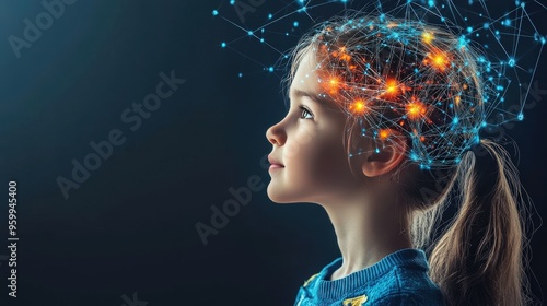 Child's cognitive growth Early creativity concept Brain development and neural activity visualization