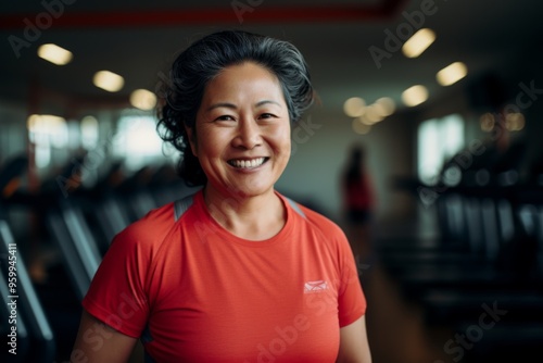 Smiling portrait of a middle aged slightly overweight woman in gym