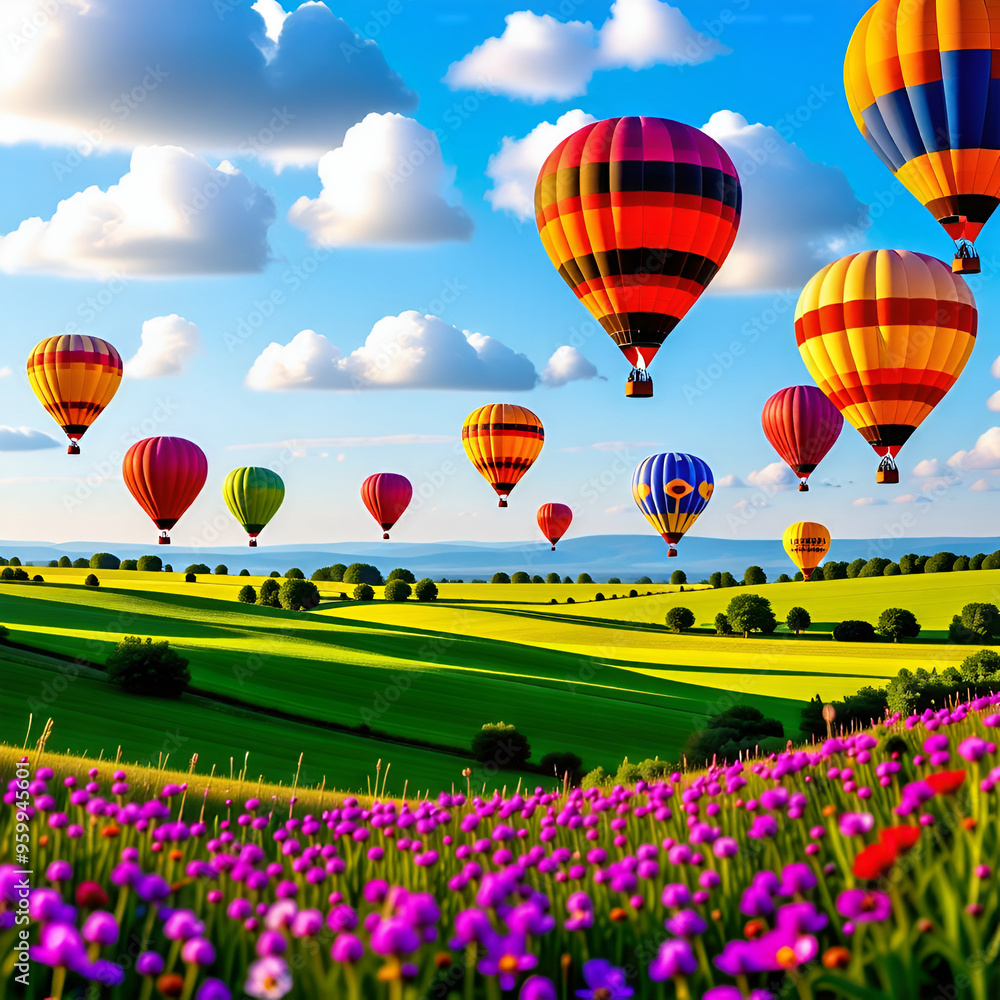 Naklejka premium A serene landscape with hot air balloons floating over rolling hills.