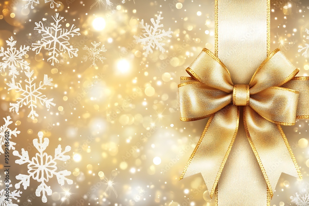 A golden ribbon with a bow on the right side of the background, golden and white snowflakes, shiny lights in the background A golden ribbon with a bow on the right side of the background, golden and white snowflakes, shiny lights in the background
