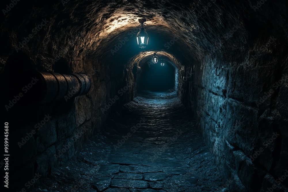 Obraz premium Mysterious grim dark dungeon alley with shadowy ambiance, stone walls, and eerie atmosphere, perfect for fantasy backgrounds, new beautiful stock image illustration AI