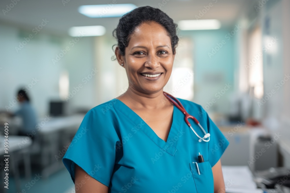 Portrait of a smiling middle aged Indian nurse in hospital Portrait of a smiling middle aged Indian nurse in hospital
