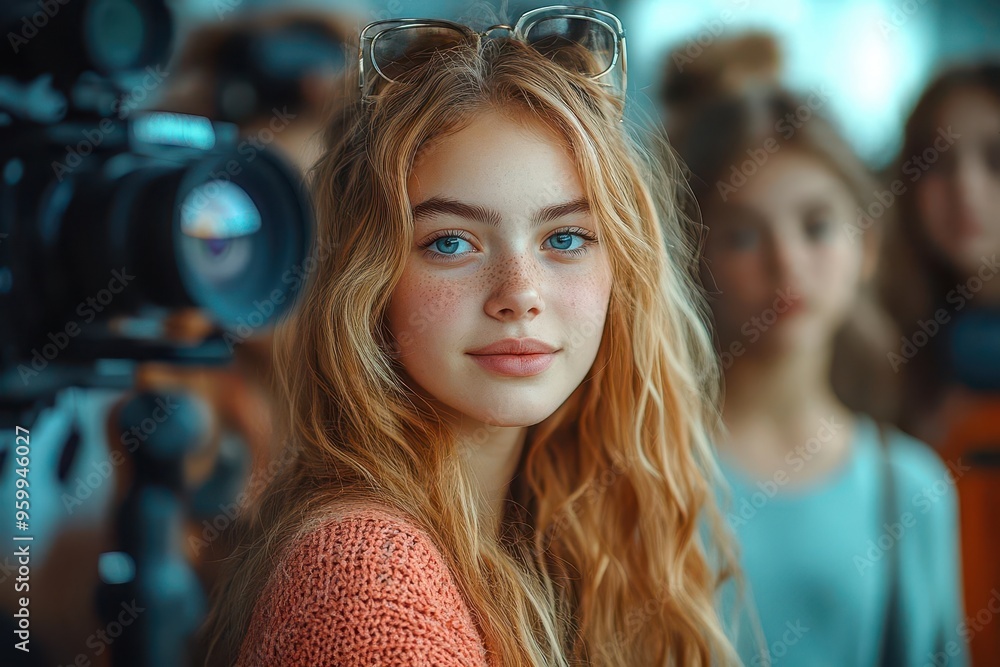 diverse group of teenage girls collaborating on film project creative energy varied ethnicities casual attire film equipment scattered around diverse group of teenage girls collaborating on film project creative energy varied ethnicities casual attire film equipment scattered around