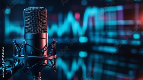 black microphone with blur blue sound wave background