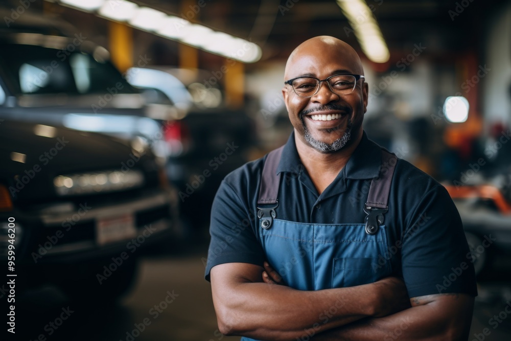 Fototapeta premium Portrait of a middle aged male car mechanic in workshop
