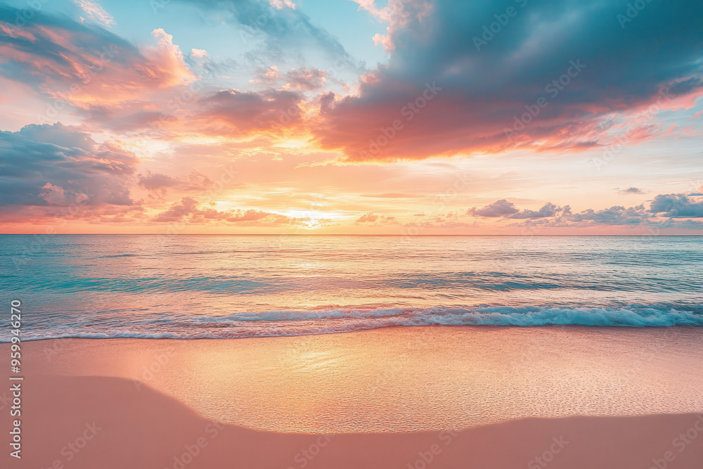A serene and colorful sunset over a tranquil ocean, with soft waves lapping at the sandy shore, creating a picturesque scene of natural beauty. A serene and colorful sunset over a tranquil ocean, with soft waves lapping at the sandy shore, creating a picturesque scene of natural beauty.