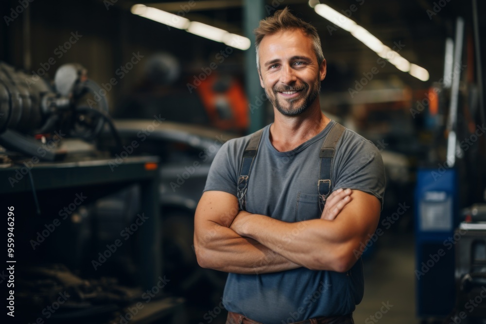 Portrait of a middle aged male car mechanic in workshop Portrait of a middle aged male car mechanic in workshop
