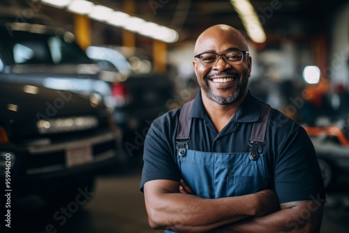 Portrait of a middle aged male car mechanic in workshop