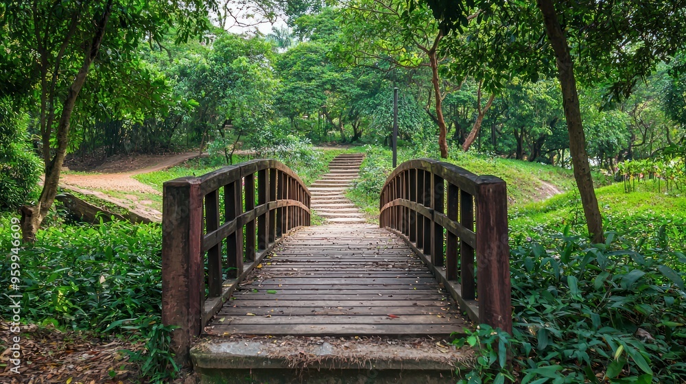 A zigzag bridge in a park, surrounded by trees and greenery, leading to a hidden trail. A zigzag bridge in a park, surrounded by trees and greenery, leading to a hidden trail.