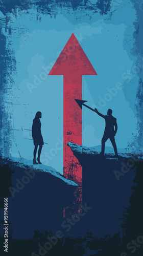 Businesspeople in Difficult Negotiations Pulling Large Arrow in Opposite Directions, Representing Conflict and Impasse